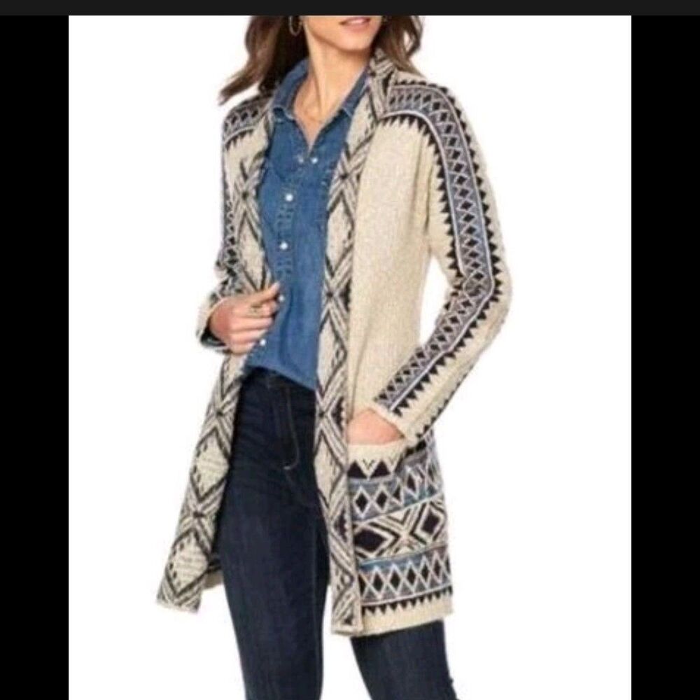 Lucky Brand Cardigan Sweater Size L/XL Oatmeal Tribal Aztec Western Open Front - Picture 2 of 12